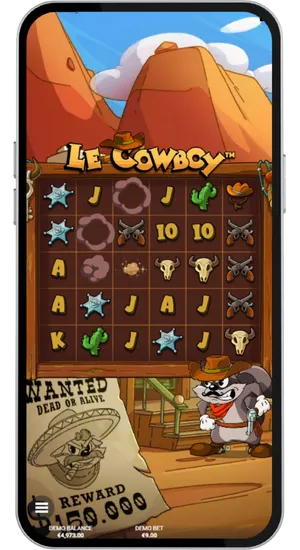 Active Le Cowboy demo gameplay with spinning reels, bonus features and win display