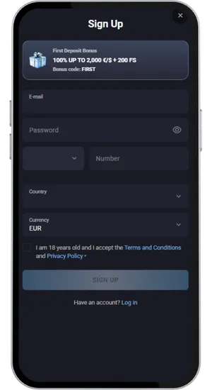 Casino registration form with personal details and verification fields