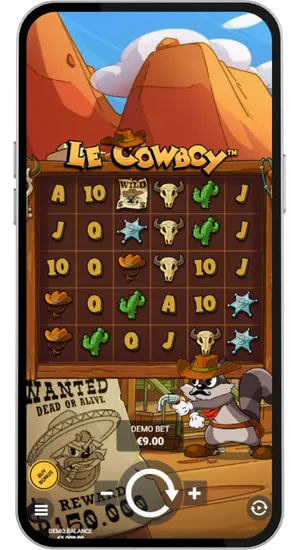 Le Cowboy slot demo bet controls showing stake options from €0.05 to €40 per spin